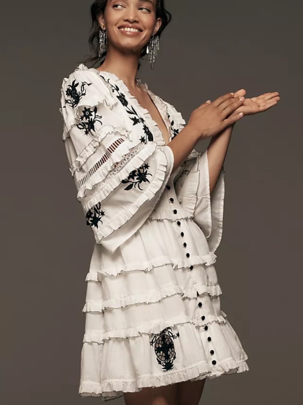 ANTHROPOLOGIE Embroidered Ruffled Mini Dress Sz L White Cotton Floral Boho VNeck - Picture 2 of 11